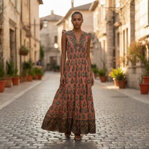 Bell by Alicia Bell Maxi Dress Size Small Orange Block Print Ruffle Cap Sleeves